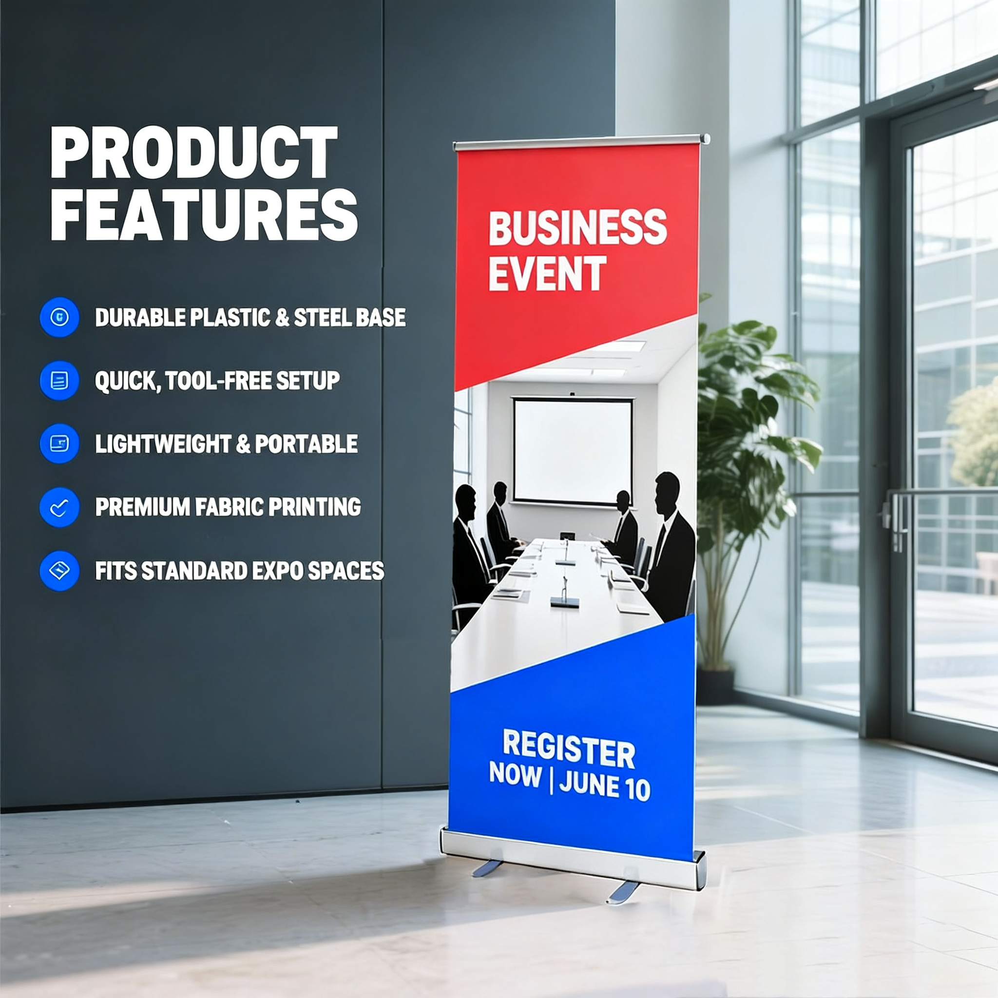Custom Retractable Banner Stand 33.5"x80" – Premium Blockout Fabric Print, Roll-Up Display for Trade Shows & Business Promotion